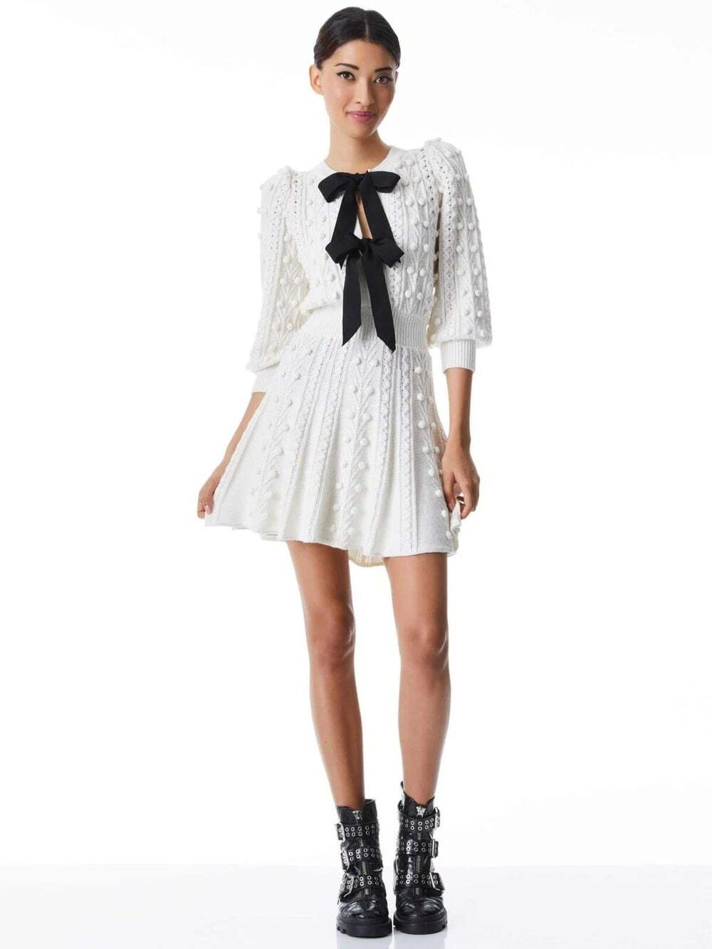 Alice and Olivia Kitty Bow Front Sweater White Dress Large - Picture 3 of 12